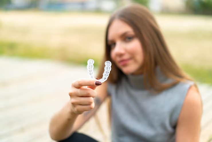 Woman holding an Invisalign clear aligner.